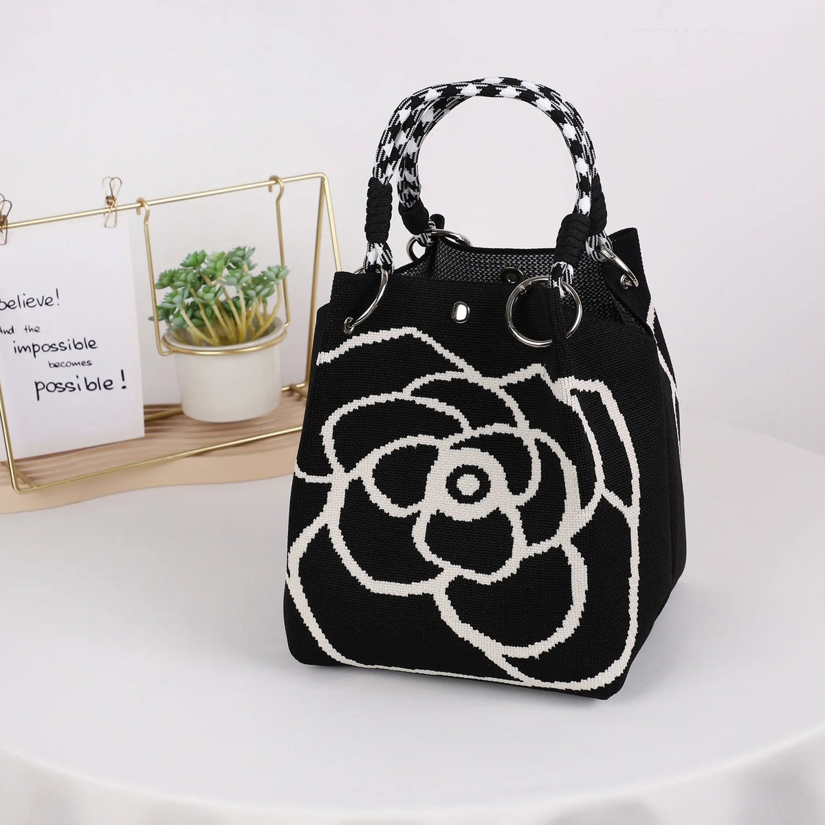Mini Knitted Bucket Bag Women Colorblock Wristlet Purse