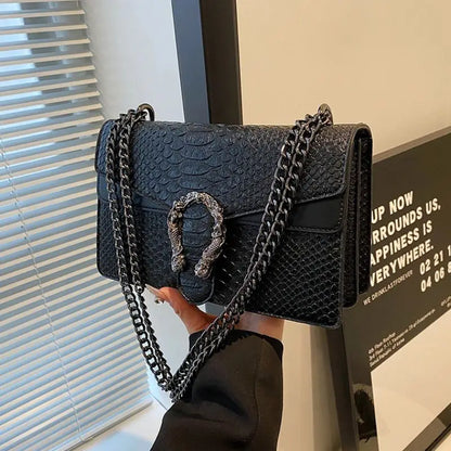 Retro Snake Pattern Chain Shoulder Bag for Women