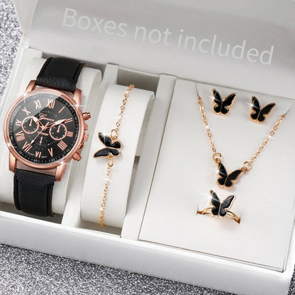 Fashion Women's Quartz Watch Leather Band Jewelry Set