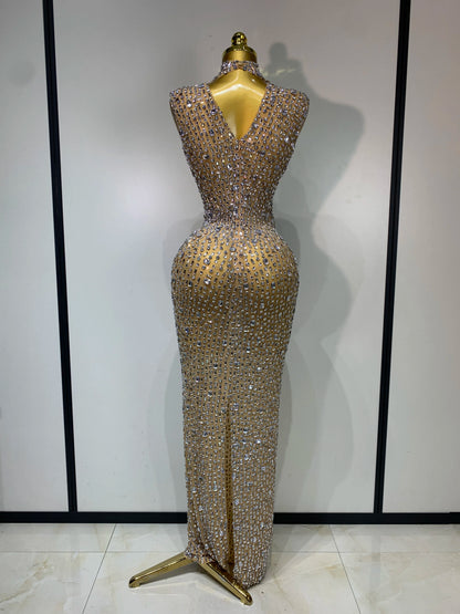 Gold Rhinestone Sleeveless Long Dress for Women