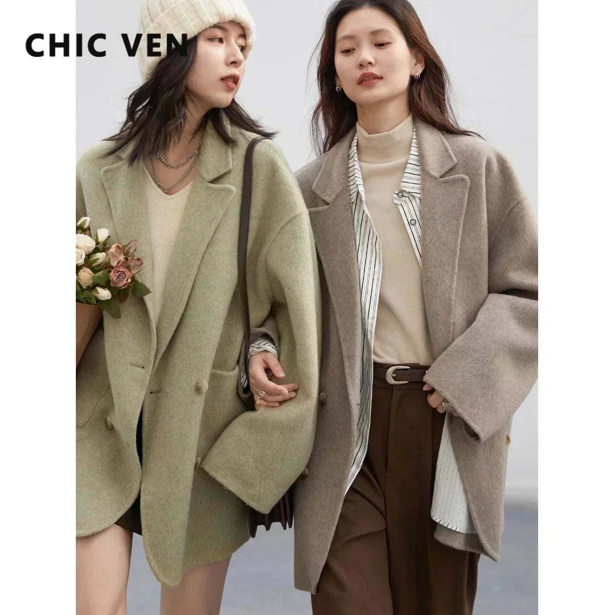Women's Woolen Double Breasted Jacket Office Lady Outerwear