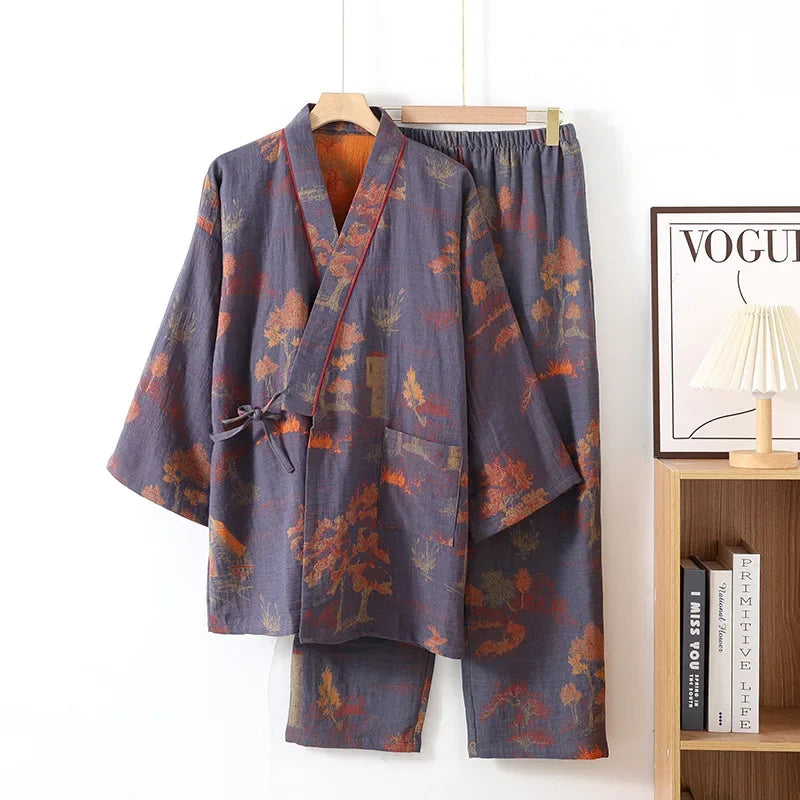 Men's Cotton Kimono Robe and Pajama Set