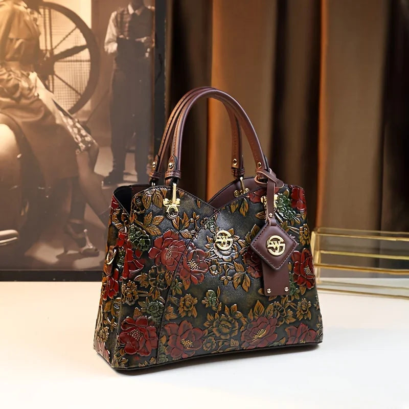 Vintage Floral Pattern PU Leather Handbag