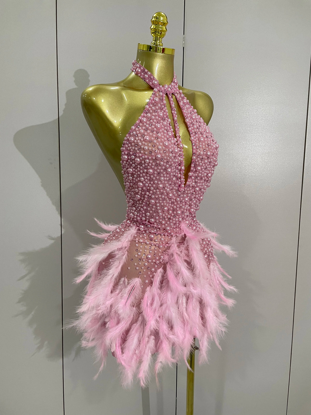 Luxury Rhinestones Pearls Feathers Halter Backless Dress
