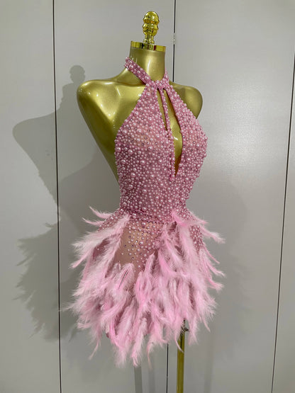 Luxury Rhinestones Pearls Feathers Halter Backless Dress