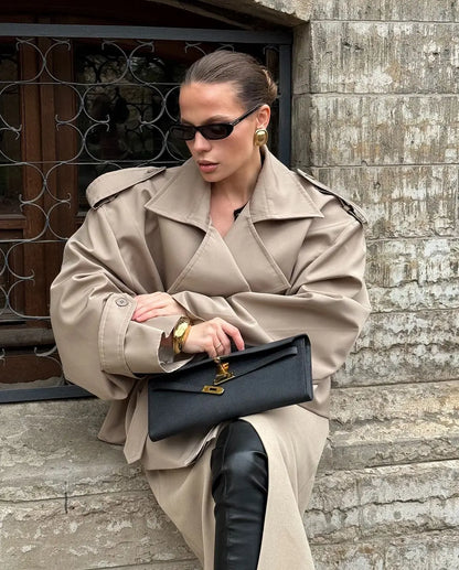 Lapel Lace Up Trench Coat Women Casual Long Sleeve