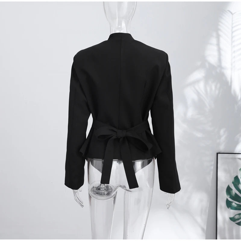 Chic Waist Cinched Women's Blazer Coat with Stand Collar