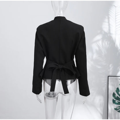 Chic Waist Cinched Women's Blazer Coat with Stand Collar