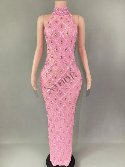 Sparkly Rhinestones Sleeveless Evening Dress for Women
