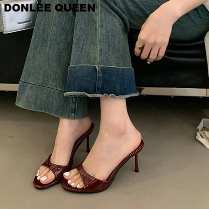 Thin High Heels Open Toe Slides Women Patent Leather Sandals