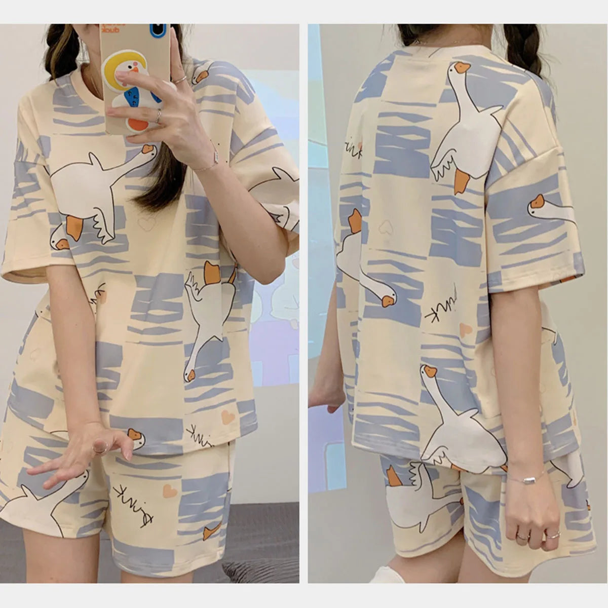 Women's Cartoon Bear Pajamas Set Summer Casual Sleepwear