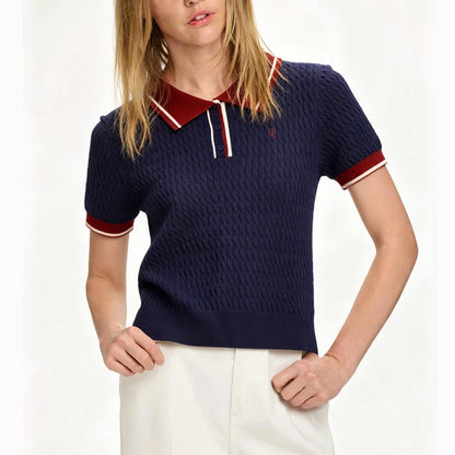 Embroidered Knit Polo Shirt Women Short Sleeve Cotton