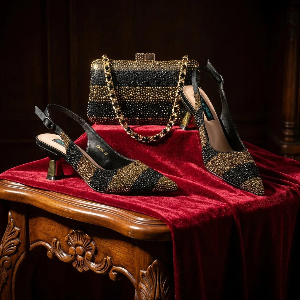 Italian Luxury Green Rhinestone Shoes and Bag Set