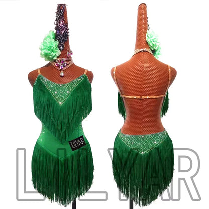 Latin Dance Dress with Rhinestones and Tassels in Red and White