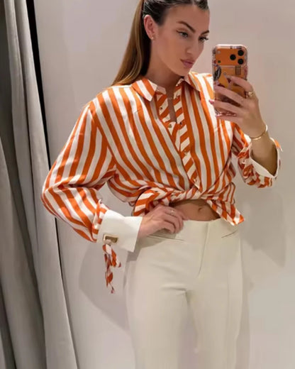 Women's Striped Bow-Tie Shirt Jacket in Polyester
