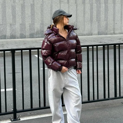Solid Glossy Zipper Hooded Coat Women's Cotton Jacket