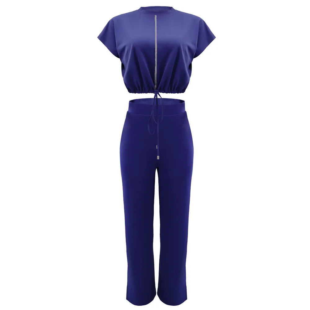 Women Casual Short Sleeve Drawstring Top and High Waist Pants Set