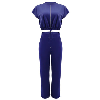 Women Casual Short Sleeve Drawstring Top and High Waist Pants Set