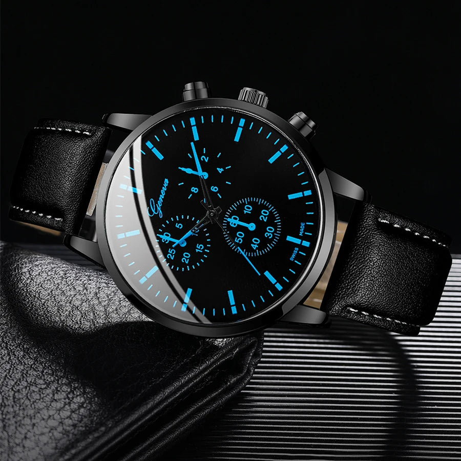 Men's Quartz Watch Set with Leather Band and Accessories