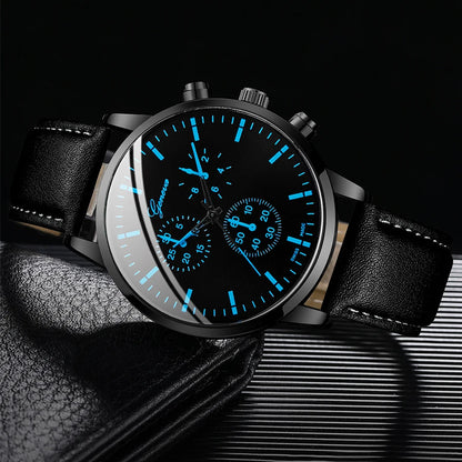 Men's Quartz Watch Set with Leather Band and Accessories