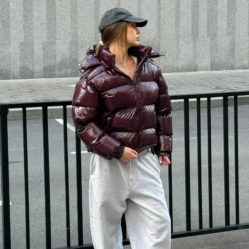 Solid Glossy Zipper Hooded Coat Women's Cotton Jacket
