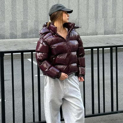 Solid Glossy Zipper Hooded Coat Women's Cotton Jacket