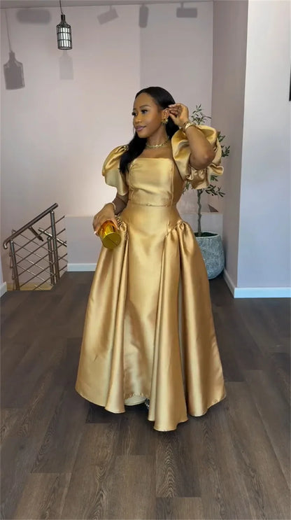 Gold Solid A-line Maxi Dress with Puff Sleeves