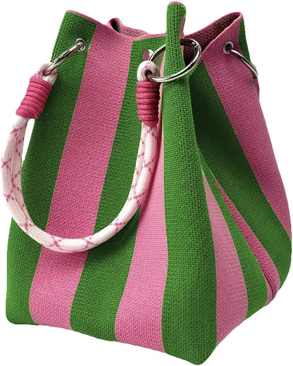 Mini Knitted Bucket Bag Women Colorblock Wristlet Purse
