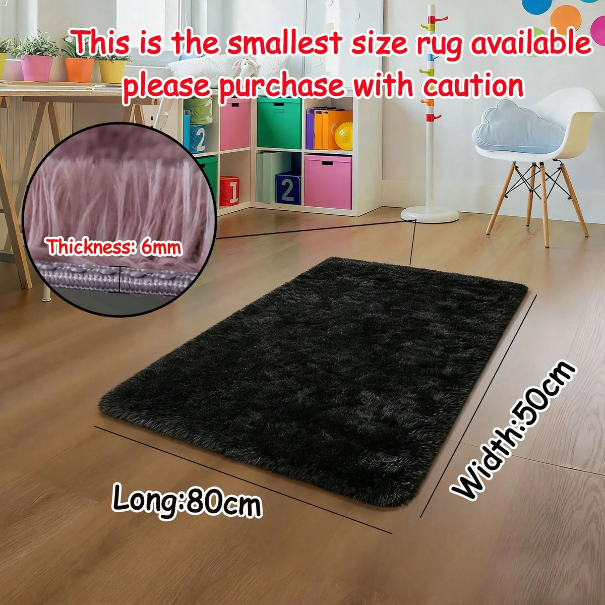 Black Plush Long-Pile Carpet, Soft Non-Slip Rug