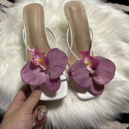 Orchid Flower High Heeled Slingback Shoes for Women