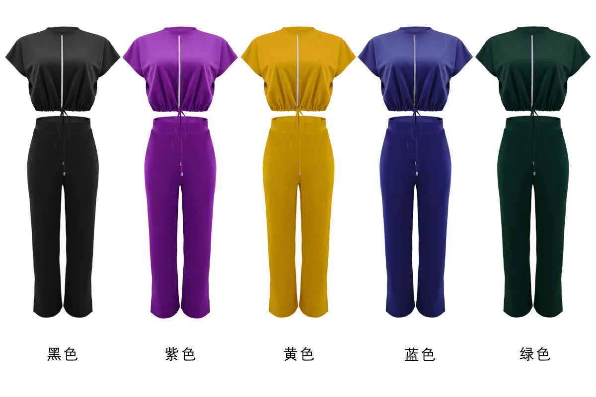 Women Casual Short Sleeve Drawstring Top and High Waist Pants Set