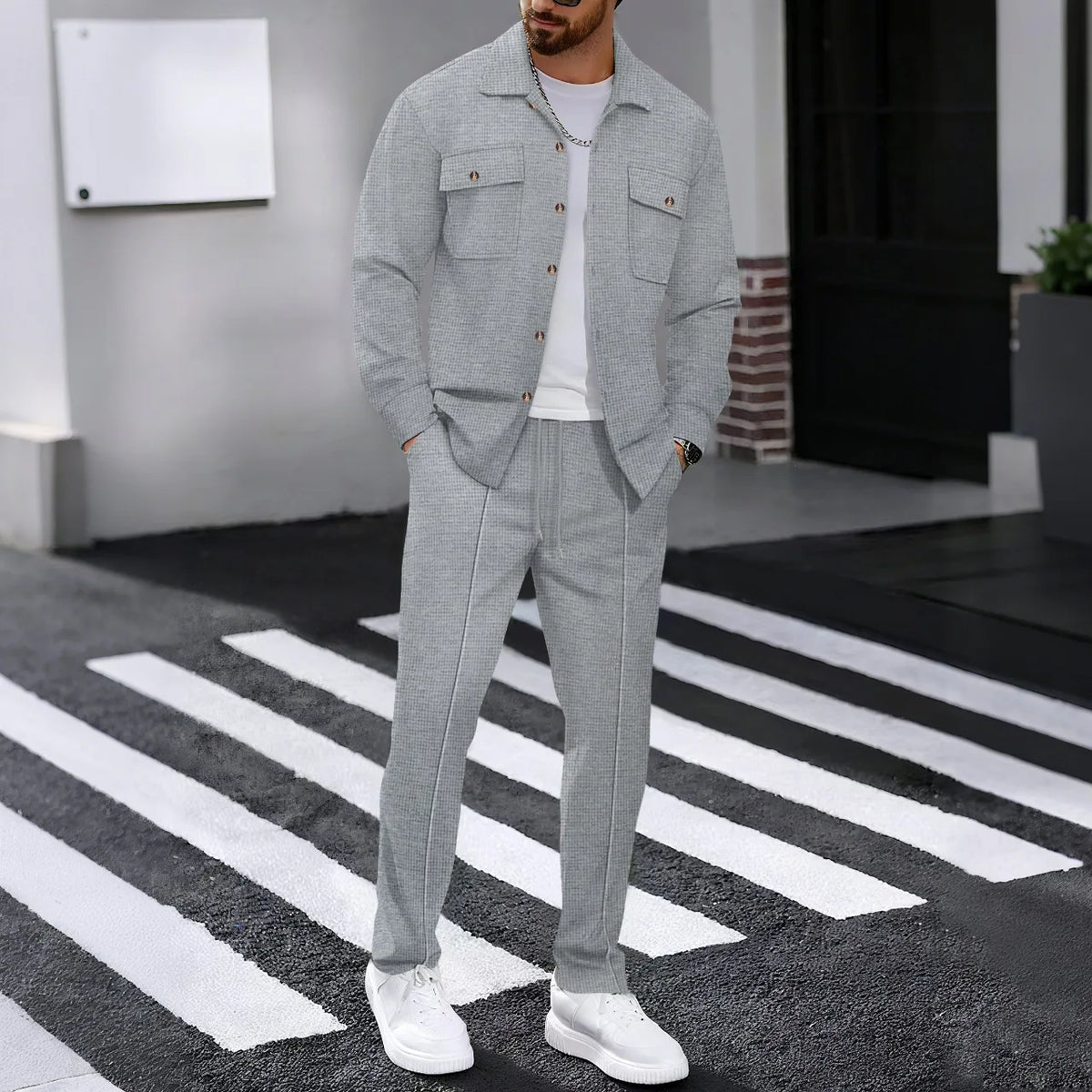 Men's Solid Color Waffle Longsleeved Pants Set
