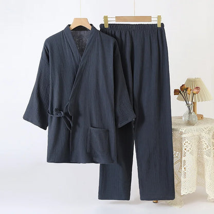 Cotton Couple Kimono Robes with Long Trousers Set