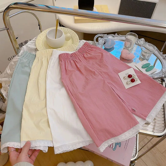 Lace Splicing Wide Leg Pants for Girls in Cotton
